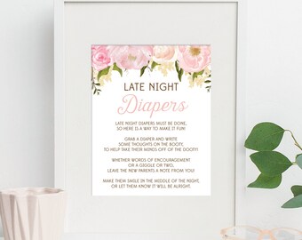 Late Night Diapers Baby Shower Sign File - 8x10 Printable File - Baby Shower Games - Pink Peony Diapers Game - Baby Shower - Digital File