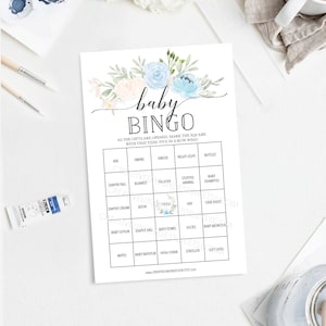 Bingo babyshower - 60 unieke speelbladen - spelletjes babyshower - babyshower jongen - pastelblauw - blauw - direct downloaden - babyshower