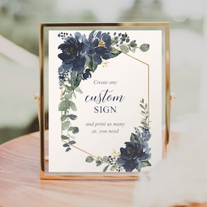 Aangepaste bordsjabloon, bewerkbaar trouwbord, gunsten, geschenken en kaarten, afdrukbare tafelborden, vrijgezellenfeest, Royal Navy, marinebloemen, goud