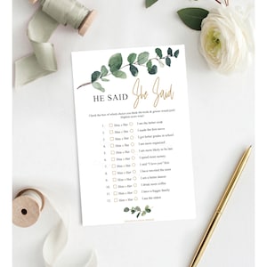 He Said She Said Bridal Shower Game, Bridal Shower Game, Couples Shower, Print at Home, Instant Download, Wedding, Eucalyptus, Greenery
