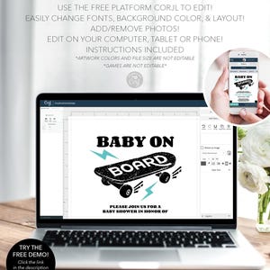 May include: A digital mockup of a baby shower invitation featuring a black and white skateboard graphic with the text "Baby on Board". The invitation is displayed on a laptop screen with a white background. The text "Please join us for a baby shower in honour of" is positioned below the graphic.