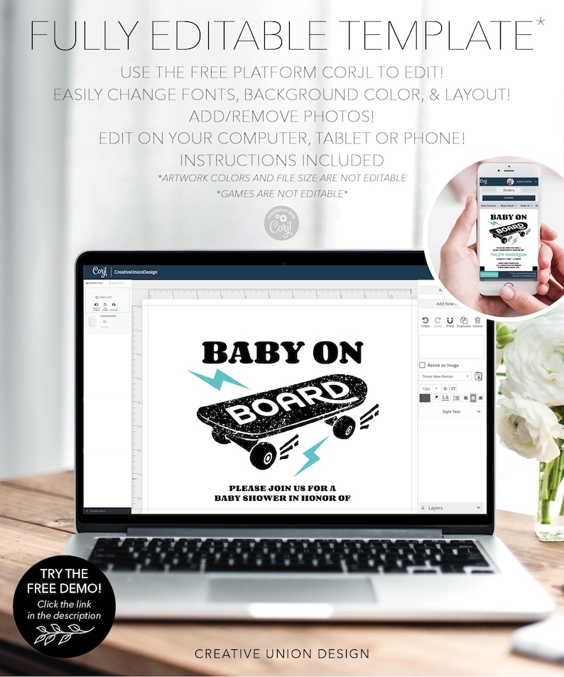 May include: A digital mockup of a baby shower invitation featuring a black and white skateboard graphic with the text "Baby on Board". The invitation is displayed on a laptop screen with a white background. The text "Please join us for a baby shower in honour of" is positioned below the graphic.