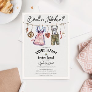 Oktoberfest Gender Reveal Invitation Template, Dirndl or Lederhosen, Baby Shower Invitation, Baby Clothes Shower, Boho Gender Reveal, He She