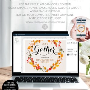 K&ouml;nnte beinhalten: Ein Laptop zeigt eine Thanksgiving-Dinner-Einladungsvorlage mit einem floralen Kranzdesign. Der Text lautet "Let's Gather" und "Join us for Thanksgiving Dinner". Die Vorlage ist vollst&auml;ndig editierbar.
