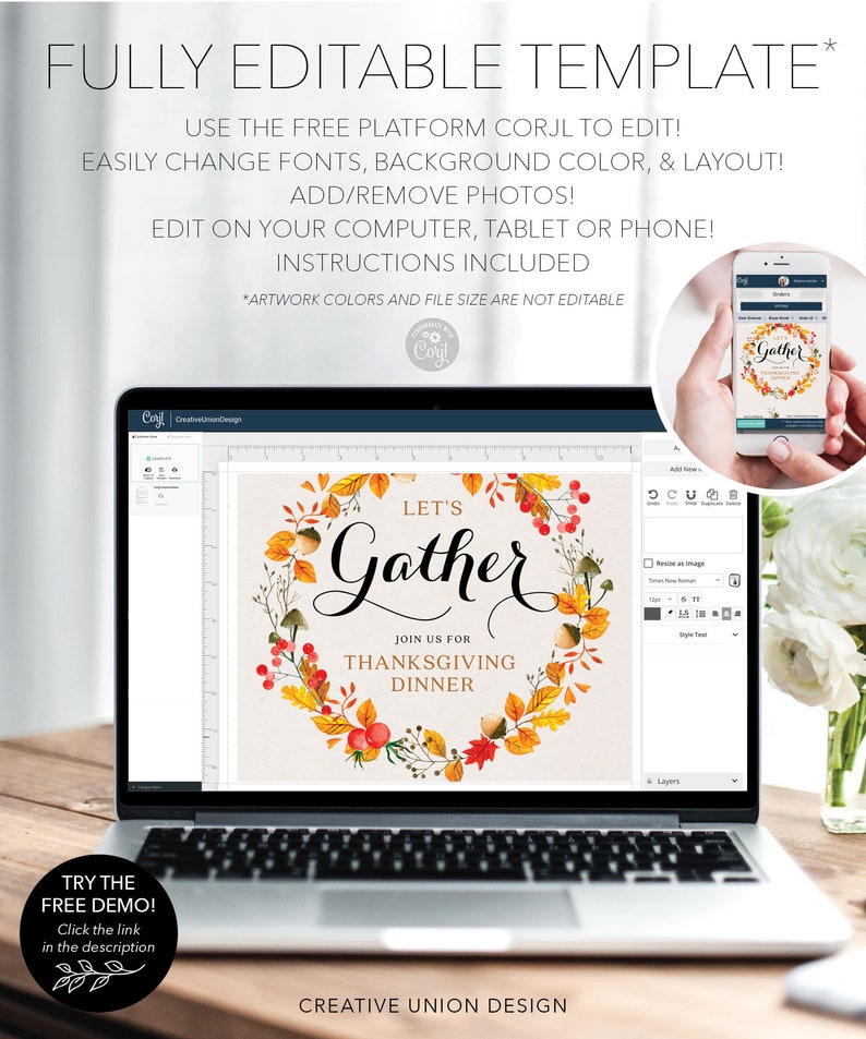 K&ouml;nnte beinhalten: Ein Laptop zeigt eine Thanksgiving-Dinner-Einladungsvorlage mit einem floralen Kranzdesign. Der Text lautet "Let's Gather" und "Join us for Thanksgiving Dinner". Die Vorlage ist vollst&auml;ndig editierbar.