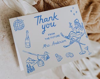 Thank You Card, Thank You Card, Personalized Thank You, Thank You Card Template, Hand Drawn, Apres Ski, Ski Bachelorette Party, Ski