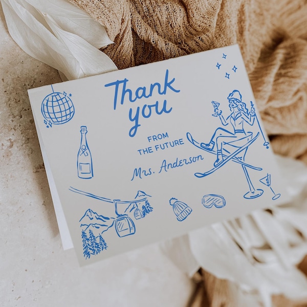 Cartão de agradecimento, Cartão de agradecimento, Agradecimento personalizado, Modelo de cartão de agradecimento, Desenhado à mão, Après-ski, Despedida de solteira de esqui, Esqui