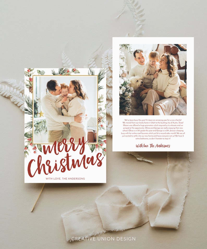 May include: A Christmas card with a family photo inside a gold frame, surrounded by greenery and red berries. The words "Merry Christmas" are in red script, with "With Love, The Andersons" below.