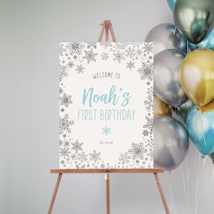 Frosty Snowflake bewerkbare sjabloon voor eerste verjaardag welkomstbord, welkom, eerste feestvarken, instant download, sneeuw veel plezier, Onederland