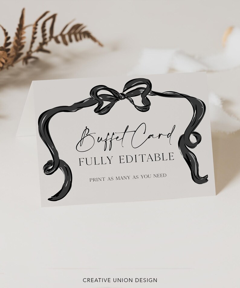 Black Bow Minimalist Buffet Card Template, Food Label, Modern Wedding