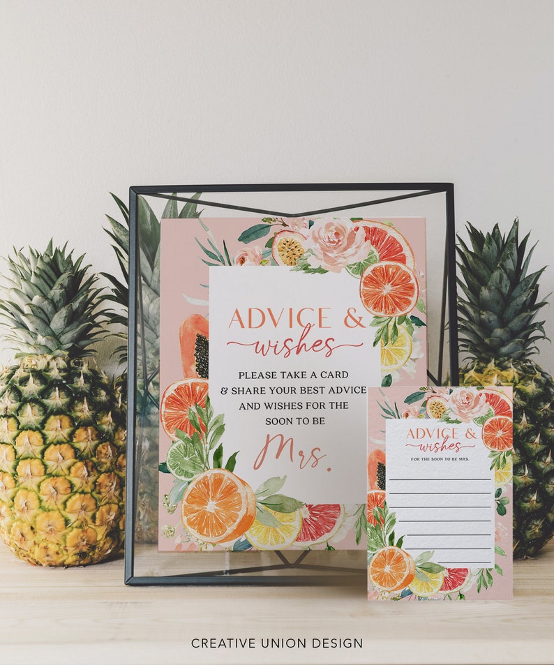 Advice and Wishes Template, Bridal Shower Game, Advice for the Bride, Advice, New Mrs, Wishes, Bridal Shower Sign, Tropical Citrus, Lemon image 4