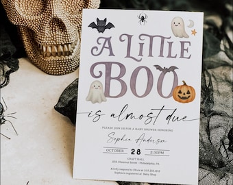 Modèle d'invitation pour baby shower Little Boo Invitation baby shower imprimable garçon Baby shower d'Halloween fantôme Boho Boo chauve-souris