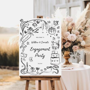 Modelo de placa de boas-vindas para festa de noivado, boas-vindas para noivado, decorações de noivado, download instantâneo, desenhada à mão, placa de casamento exclusiva, aliança