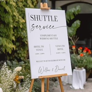Modello di cartello per navetta per matrimoni Decorazioni per matrimoni dall'estetica minimalista Cartelli per matrimoni moderni Cartello di benvenuto Orari di trasporto Cronologia del matrimonio