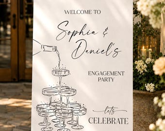 PRINTED & FREE SHIPPING Engagement Party Welcome Sign Champagne Tower Personalized Welcome Sign Decorations Minimalist Wedding Modern Whimsy
