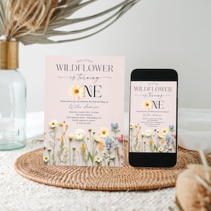 May include: A pink and white printable invitation for a first birthday party. The invitation features a floral design with a large yellow daisy and the text "Our Little Wildflower is turning One".
