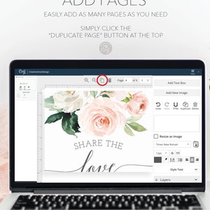 K&ouml;nnte beinhalten: Ein Laptop-Bildschirm, der eine Designoberfl&auml;che mit dem Text "SHARE THE love" &uuml;ber einem Blumenarrangement aus rosa und wei&szlig;en Rosen anzeigt. Der Bildschirm zeigt auch Bearbeitungsoptionen und den Text "ADD PAGES".