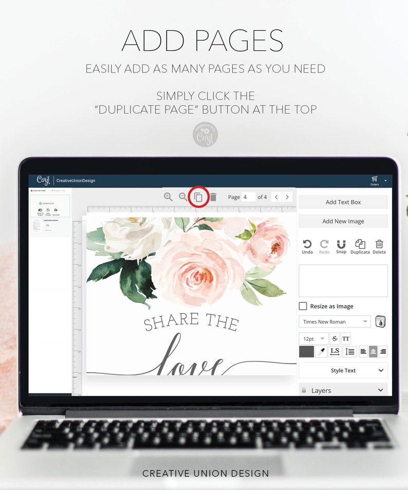 K&ouml;nnte beinhalten: Ein Laptop-Bildschirm, der eine Designoberfl&auml;che mit dem Text "SHARE THE love" &uuml;ber einem Blumenarrangement aus rosa und wei&szlig;en Rosen anzeigt. Der Bildschirm zeigt auch Bearbeitungsoptionen und den Text "ADD PAGES".