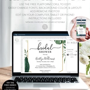 May include: A laptop screen displaying a customizable bridal shower invitation template with green leaves and gold accents. The text on the invitation reads "bridal shower honoring Kaitlyn Williams Saturday, November 23rd 2:00pm The Continental 123 Chestnut Street Philadelphia, PA Please respond to Jessica at 555.212.1212 Sophia is registered at Wedding Shop".