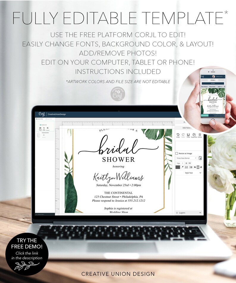 May include: A laptop screen displaying a customizable bridal shower invitation template with green leaves and gold accents. The text on the invitation reads "bridal shower honoring Kaitlyn Williams Saturday, November 23rd 2:00pm The Continental 123 Chestnut Street Philadelphia, PA Please respond to Jessica at 555.212.1212 Sophia is registered at Wedding Shop".