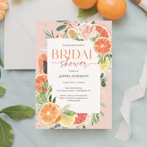 Tropical Citrus Bridal Shower Invite Template, Lemon Bridal Shower Invitation, Printable Bridal Shower, Download, Grapefruit, Tangerine