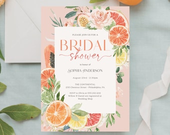 Tropical Citrus Bridal Shower Invite Template, Lemon Bridal Shower Invitation, Printable Bridal Shower, Download, Grapefruit, Tangerine