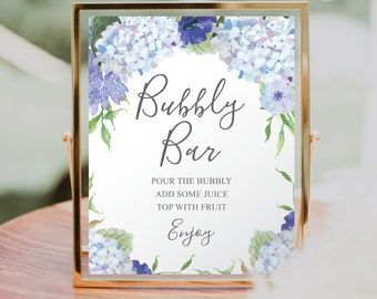 Vintage Blue Hydrangea Mimosa Bar Sign, Bubbly Bar, Printable Table Sign, Bridal Shower Printable, Mimosa Sign, Bridal Shower Sign, Floral