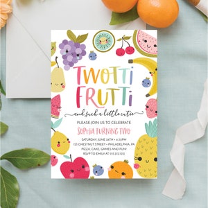 May include: A colorful invitation with a fruit theme for a child's second birthday party. The invitation features a variety of fruits with smiling faces, including a watermelon, a pineapple, a banana, a lemon, a strawberry, a grape, a kiwi, and a cherry. The text on the invitation reads "Twotti Frutti and such a little cutie." The invitation also includes the date, time, and location of the party, as well as the RSVP information.