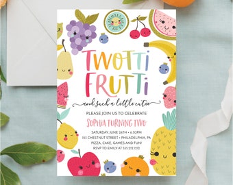 Invitación de cumpleaños de Twotti Frutti para ella, invitación para su segundo cumpleaños, imprimible, editable, tropical, sandía, niña, fruta