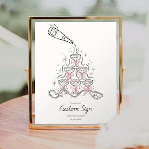 Modèle d'enseigne personnalisé dessiné à la main, enseigne de douche nuptiale modifiable, faveurs, cadeaux et cartes, enseignes de table imprimables, perles et prosecco, champagne