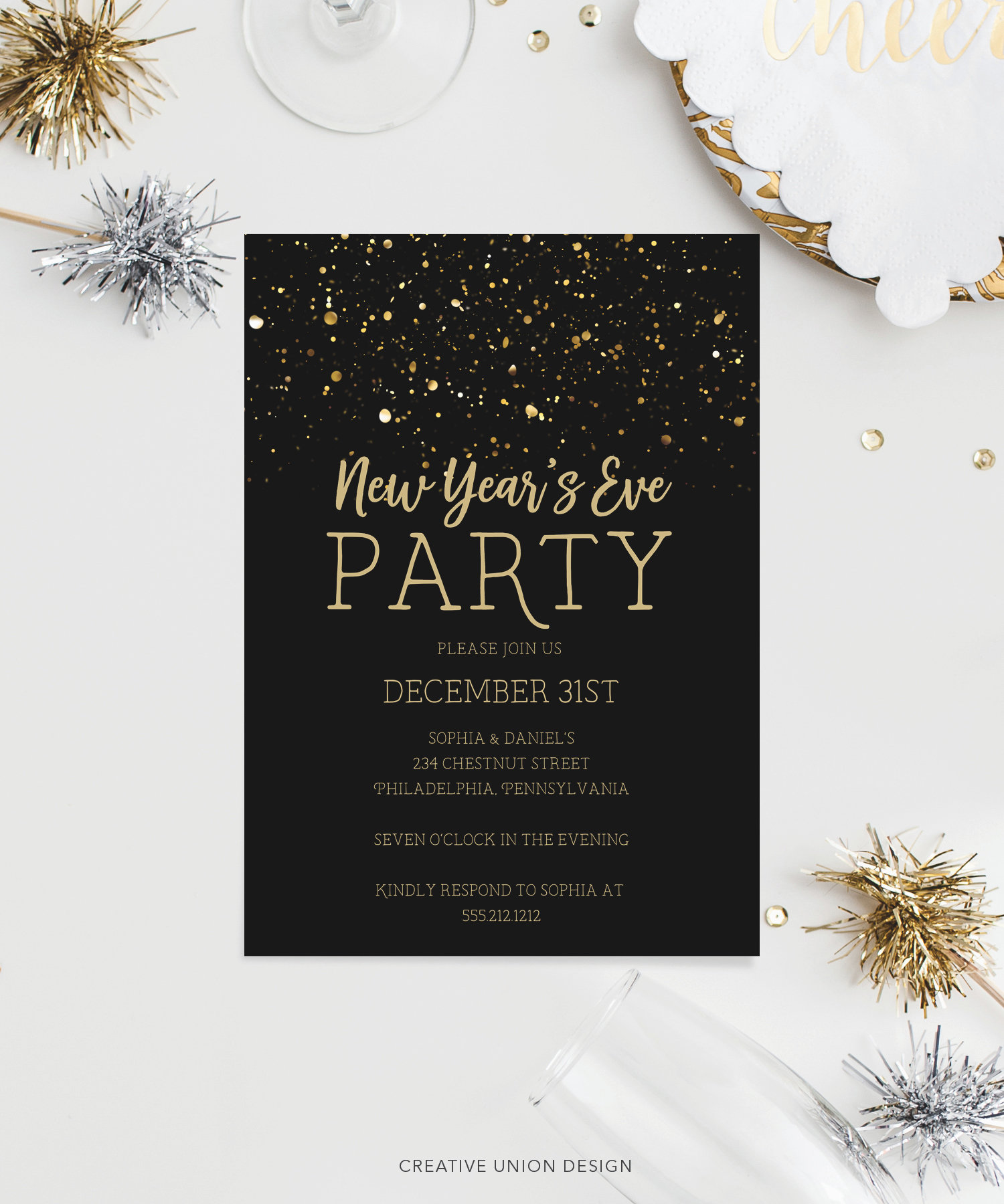 new year's eve party invitation template, confetti, new years