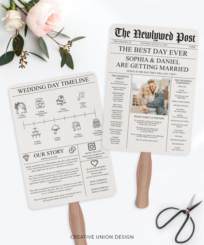 Newspaper Wedding Program, Unique Wedding Program, Wedding Newspaper,  DIY Wedding Programs, Fun Wedding Program, Newspaper, Fan Newspaper Program, Fan Program, Wedding Fan