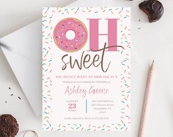 Donut Birthday Party, Oh Sweet, Invitation Template, Donut Miss The Party Invite, Printable Birthday Party Invite, Birthday Invite, Sprinkle