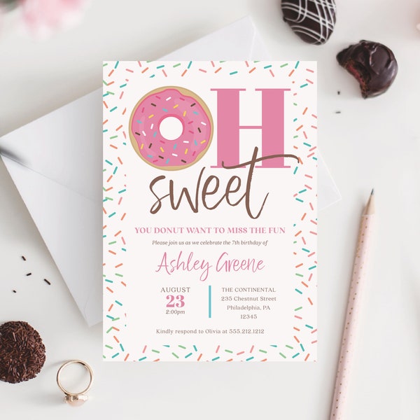 Donut Birthday Party, Oh Sweet, Invitation Template, Donut Miss The Party Invite, Printable Birthday Party Invite, Birthday Invite, Sprinkle