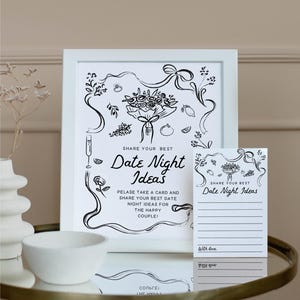 Tarjeta con ideas para una noche de cita y firma del mercado Letrero con ideas para una noche de cita Plantilla de tarjeta para una noche de cita de despedida de soltera dibujada a mano Juego de despedida de soltera para parejas