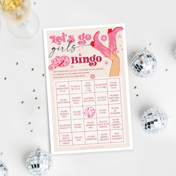 Bingo de fiesta de cumpleaños de vaquera rosa, juegos de fiesta de cumpleaños, bingo de cumpleaños para niños, vamos niñas, discoteca de cumpleaños, juegos de fiesta de cumpleaños, niña