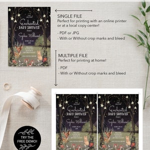 May include: Printable invitation for an enchanted baby shower with a woodland theme. The invitation features a dark forest scene with glowing stars, a deer, a rabbit, and mushrooms. The text reads "Enchanted Baby Shower" and "Sophia Williams".