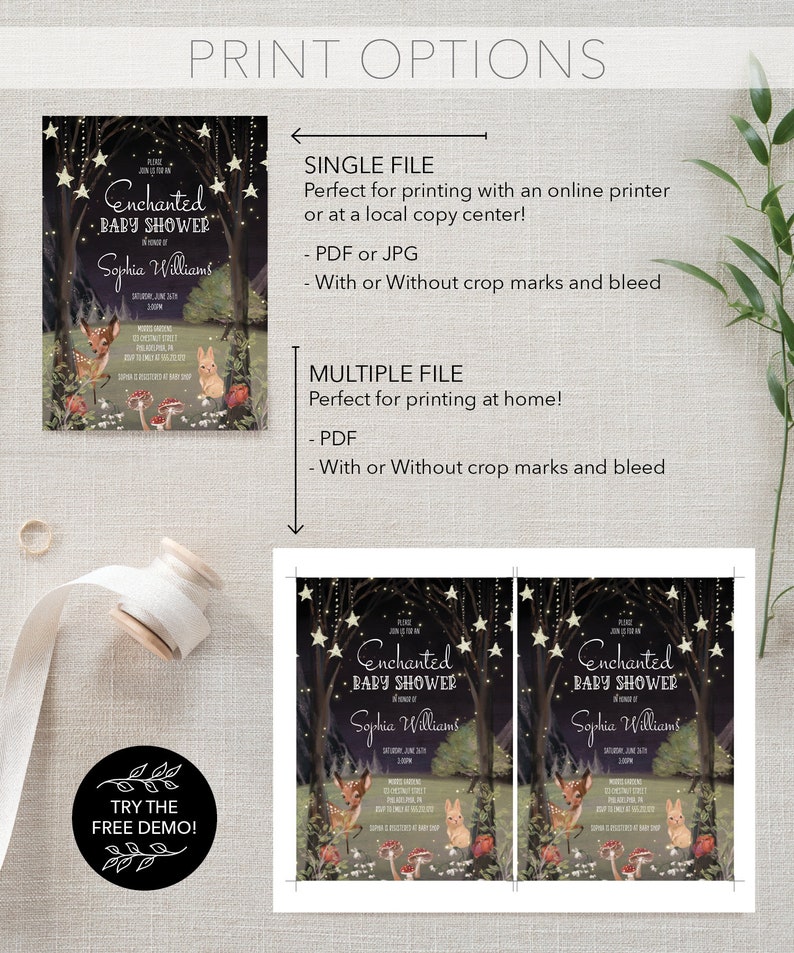 May include: Printable invitation for an enchanted baby shower with a woodland theme. The invitation features a dark forest scene with glowing stars, a deer, a rabbit, and mushrooms. The text reads "Enchanted Baby Shower" and "Sophia Williams".