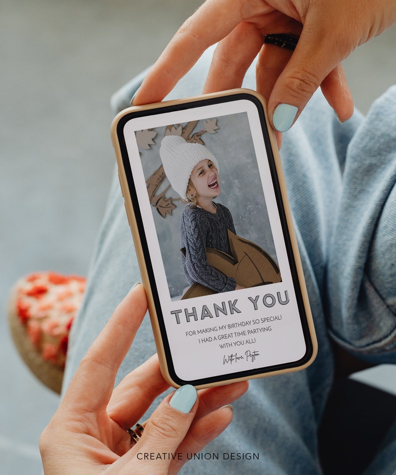 Digital Thank You Card, Birthday Party Thank You, Kids Birthday Party, Thank You For the Gifts, Thank You Card with Photo, Instant Download image 1