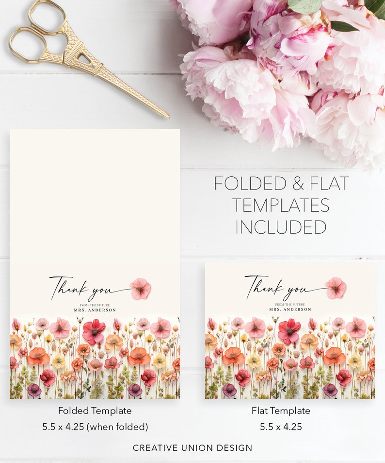 Thank You Card, Bridal Shower Thank You Card, Personalized Thank You, Thank You Card Template, Thank You, Flower Stems, Wildflowers image 3