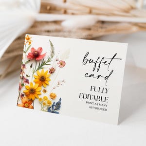 Kaartsjabloon buffet geperste bloemen, voedseletiket, wilde bloemen, modern bruiloftbuffet afdrukbaar, decor vrijgezellenfeest, voedselkaart, tentkaart