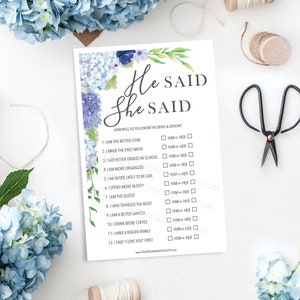 Vintage Blue Hydrangea He Said She Said Bridal Shower Game, Bridal Shower Game, Wedding Shower, Floral, Print at Home, Instant Download