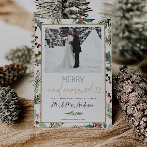 Merry and Married Christmas Card Template, Our First Christmas, Just Married Holiday Card, Couple Christmas Photo Card, Christmas Cards