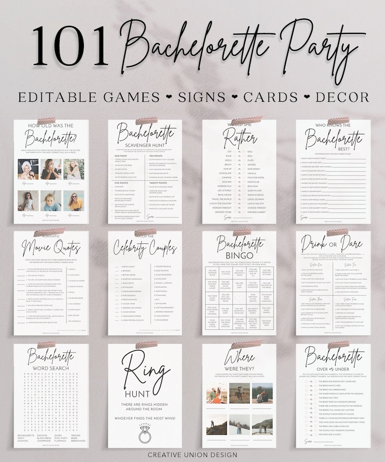 Bachelorette Party Games Bundle Templates, 101 Printable Bachelorette Party Decor, Bingo Signs Favors Funny Dirty Clean, Modern Minimalist image 1