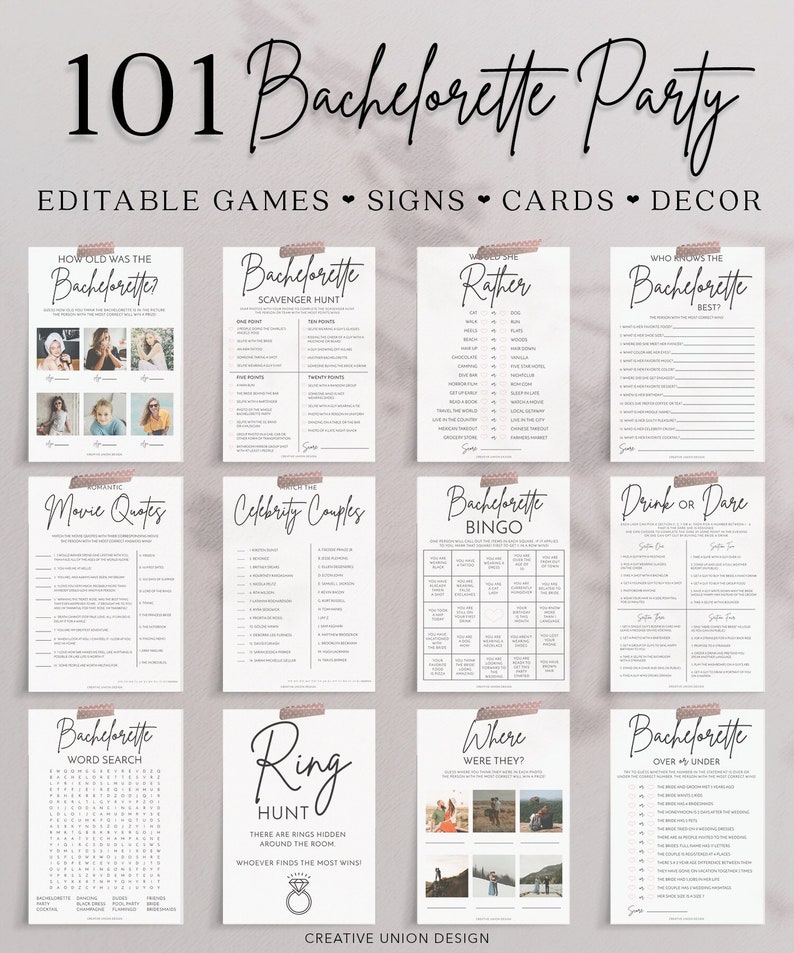 Bundel met sjablonen voor vrijgezellenfeestspelletjes, 101 printbare decoraties voor een vrijgezellenfeest, bingobordjes als bedankjes (grappig, stout, schoon), modern minimalistisch afbeelding 2