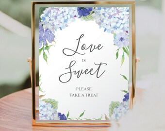 Love Is Sweet Please Take A Treat, Printable Favors Sign, Bridal Shower Favor, Favor Sign, Bridal Shower Decor, Vintage Blue Hydrangea, DIY