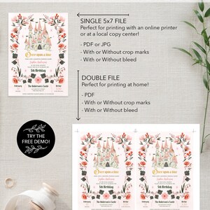 Pu&ograve; includere: Invito stampabile per un 5&deg; compleanno con un castello rosa e un design floreale. Il testo recita "C'era una volta" e include il nome della festeggiata, la sua et&agrave; e i dettagli della festa. L'invito &egrave; disponibile in formato singolo 5x7 o doppio.