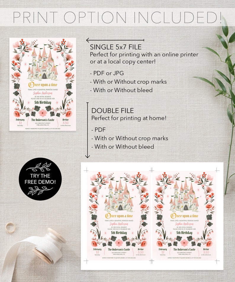 Pu&ograve; includere: Invito stampabile per un 5&deg; compleanno con un castello rosa e un design floreale. Il testo recita "C'era una volta" e include il nome della festeggiata, la sua et&agrave; e i dettagli della festa. L'invito &egrave; disponibile in formato singolo 5x7 o doppio.