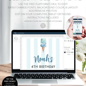 May include: A laptop screen displaying a blue and white ice cream cone graphic with the text "Noah's 4th Birthday". The laptop is on a wooden table with a bouquet of white flowers in a vase.
