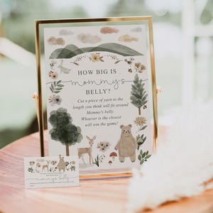 Qual o tamanho da barriga da mamãe, modelo de jogo para chá de bebê, jogo para chá de bebê, placa e cartões, decoração para chá de bebê, para imprimir, Boho Woodland, bebê urso